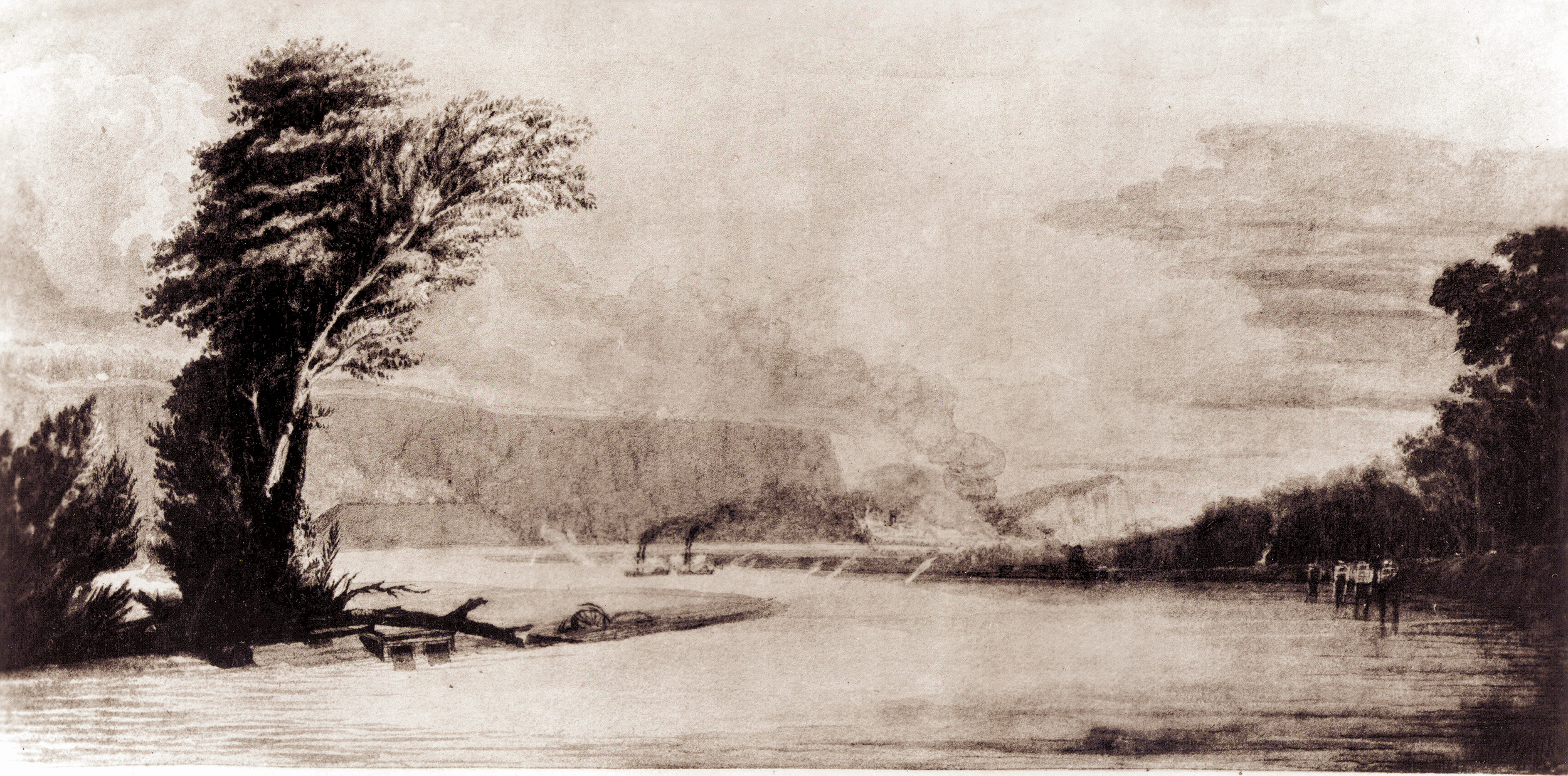 A depiction of the initial attack of the gunboats Lexington and Tyler against the defenses at Columbus and Belmont.The high bluffs of Columbus rise at the left. 