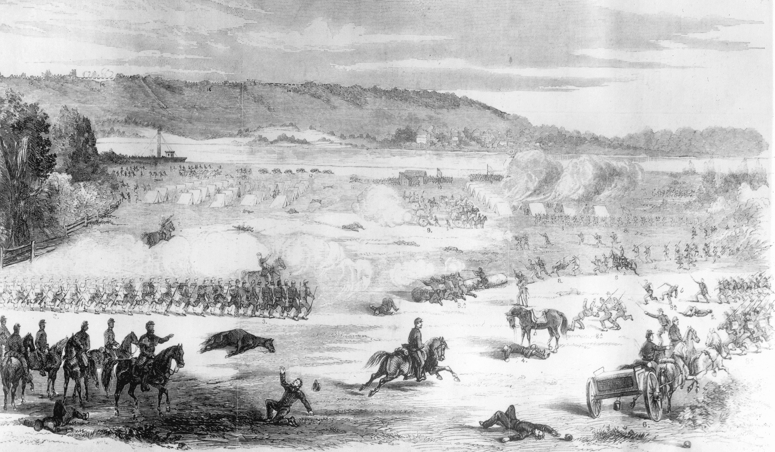 Union forces advance on the Confederate camp while Confederate troops flee along the river. The town of Columbus, Kentucky is visible on the  bluffs overlooking the river. 