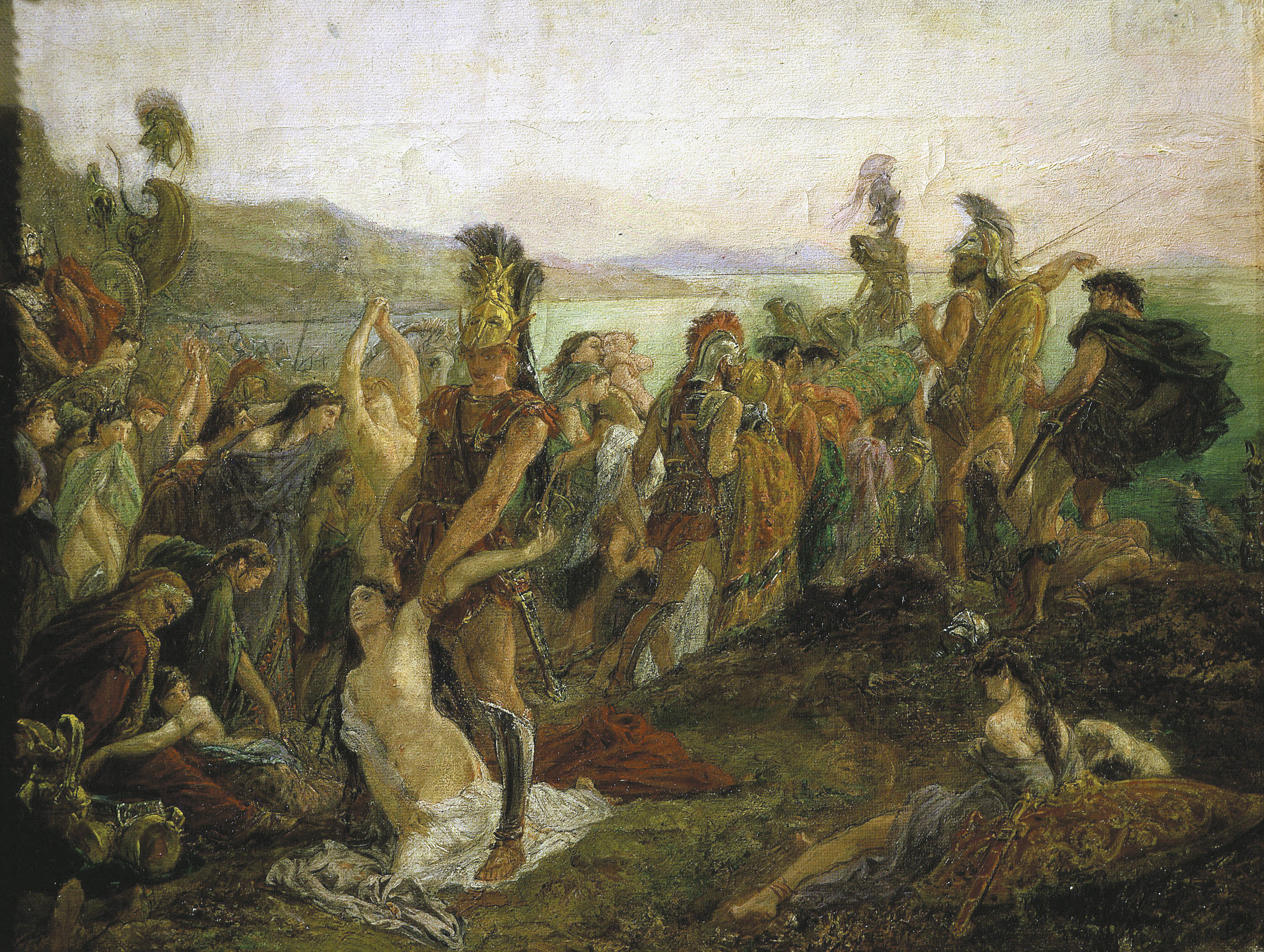 A 19th-century French depiction of Gaul subdued by the Romans. Captives are led away to slavery. 