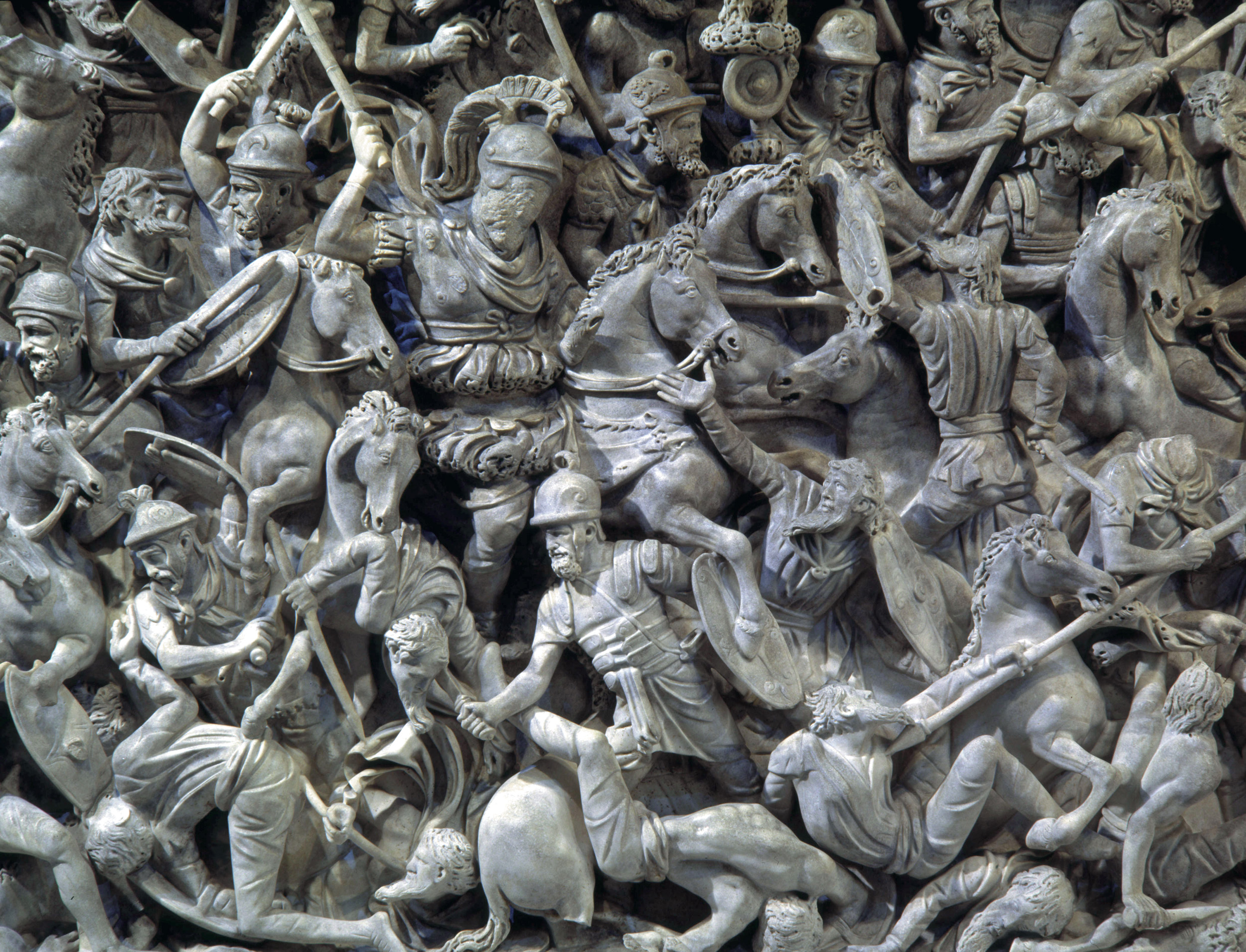 This high-relief sculpture carved on a sarcophagus of the 2nd century ably depicts the confusion and havoc of battle between Romans and Celtic warriors.
