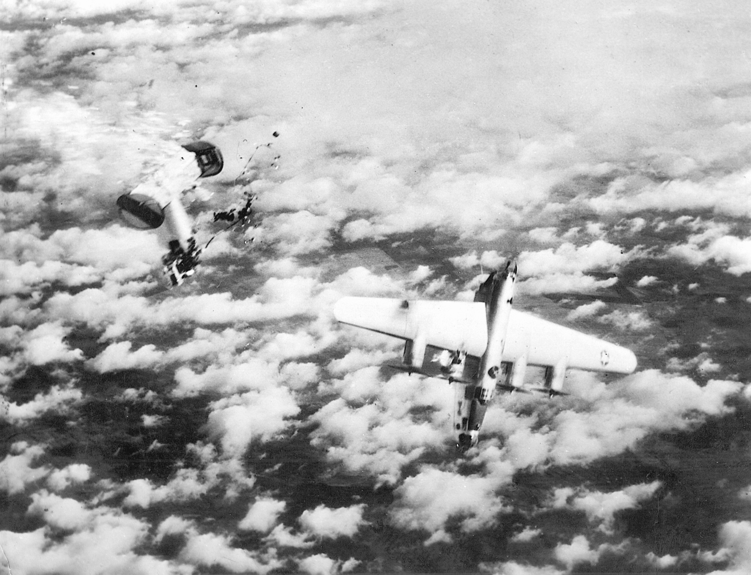 A B-24 is shot down before it reaches its targets at Kiel and Hamburg.