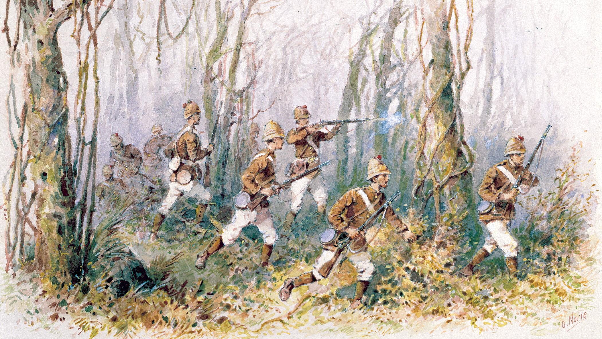 Soldiers of the 42nd Highlanders maneuver in the jungle during the Ashanti War of 1874. Their general, Garnet Joseph Wolseley, disliked war correspondents but put them to good use.