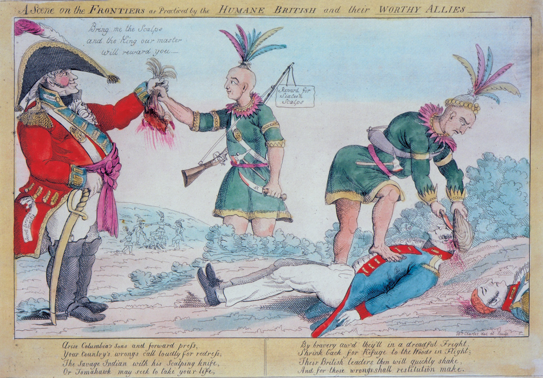 A contemporary American print showing Britain paying Indians for American scalps.  