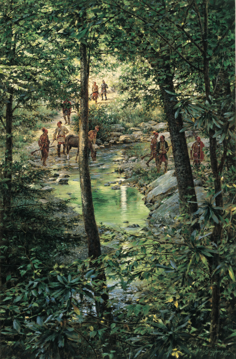 Indians make their way through the woods. Familiar with the forest, they stealthily tracked U.S. Army movements and staged devastating ambushes.