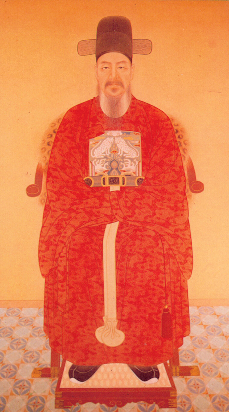 A modern portrait of Admiral Yi Sun Shin, based on contemporary descriptions. Yi is wearing a kwanbok, the official costume of the Korean royal court.