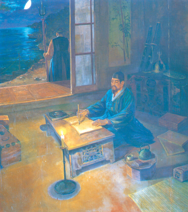 Admiral Yi Sun Shin was not only a highly skilled militarist; he was also a writer. He wrote a war diary and composed poems. Here he is seen writing in a quiet and secluded moment.