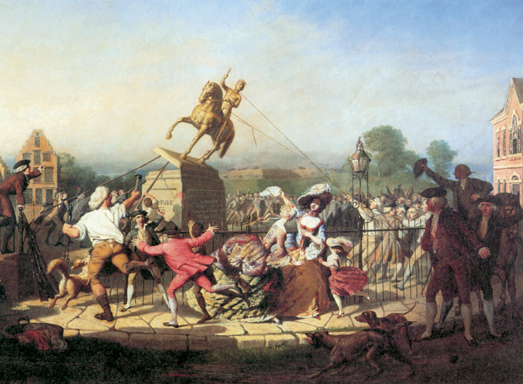 New Yorkers show their displeasure in the monarchy by pulling down the lead statue of King George III in Bowling Green in 1776. The metal was used to make 42,000 musket balls for the Rebels.