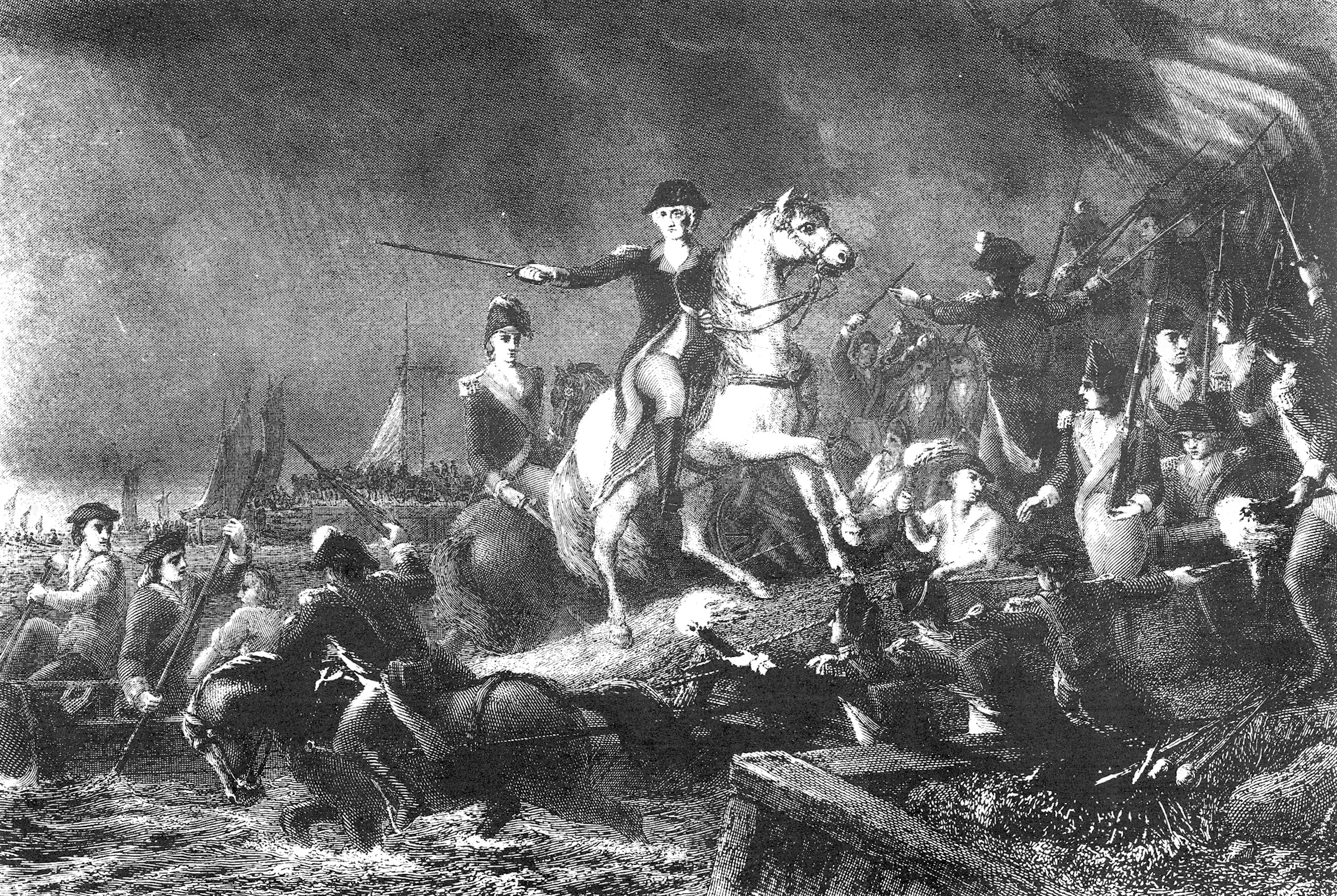 A depiction of Washington directing the retreat across the East River from Brooklyn Heights to Manhattan Island. There was a fog, and the winds became favorable, but the men were extraordinary in their silence and discipline. Even the British were impressed. In the morning the British army found a wholly vacant camp. The British had hoped to crush the drive for independence in this one enveloping battle. They almost overran the whole American force, but the Rebel cause would live to fight another day.