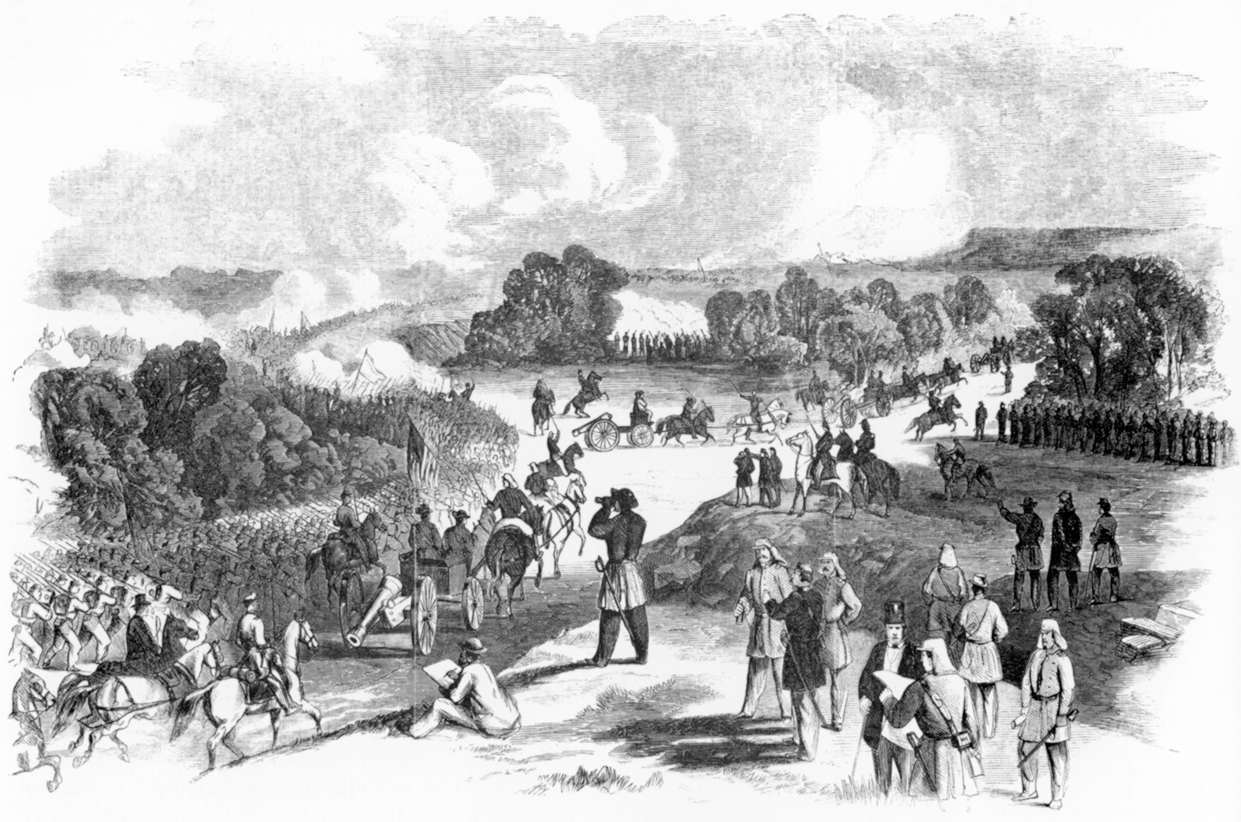 A column of Federal soldiers march to battle in the morning.
