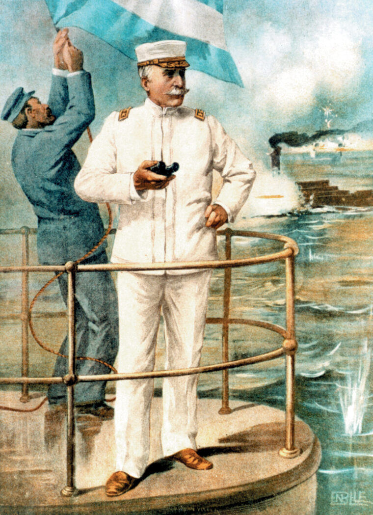 Commodore George Dewey watches the Battle of Manila Bay unfold from his flagship, USS Olympia.