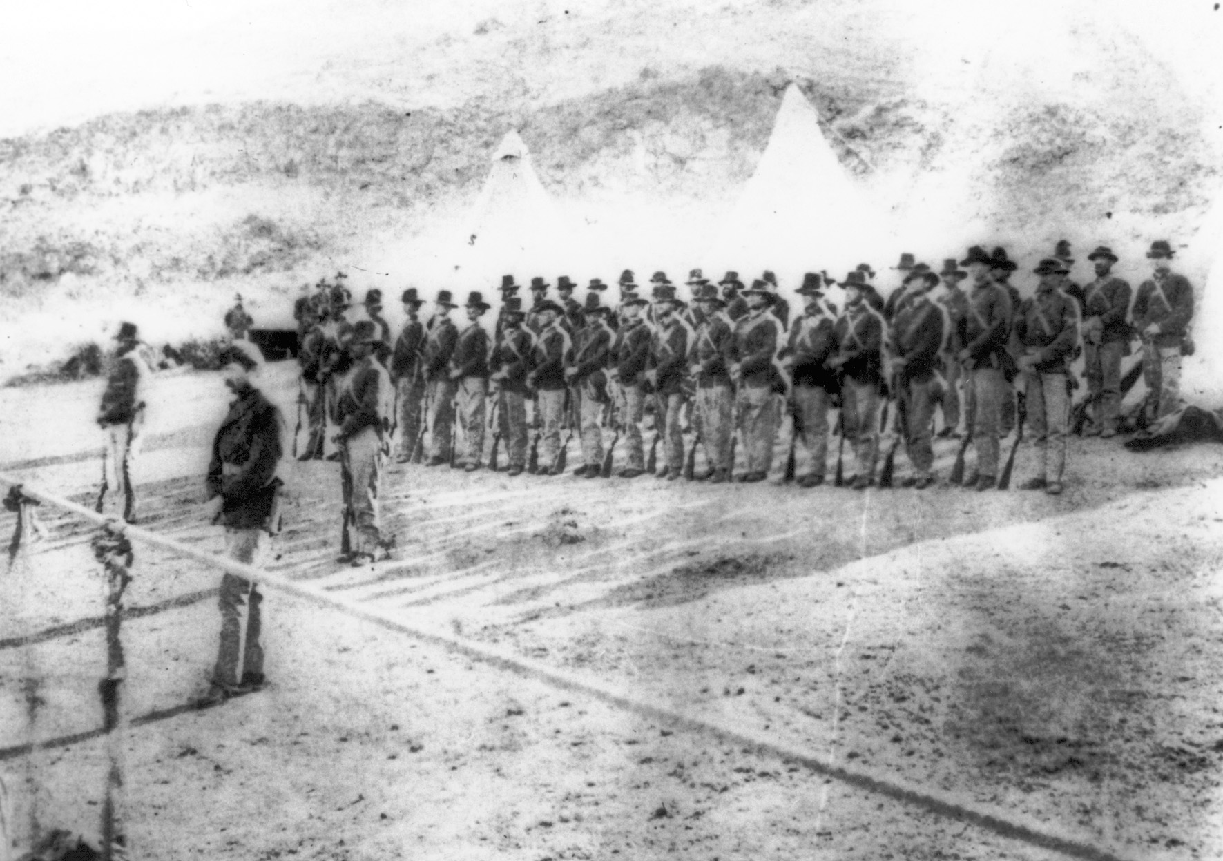 U.S. troops on parade before they depart for a reconnaissance of the lava beds. 