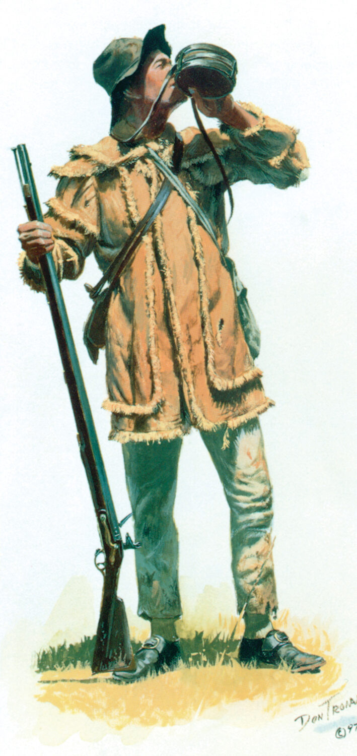 A backwoodsman wears a fringed hunting shirt of natural linen and drinks from an oak canteen. His weapon is a British Long Land, “Brown Bess” musket and he carries a powder horn and shot bag filled with musket balls slung over his left shoulder.