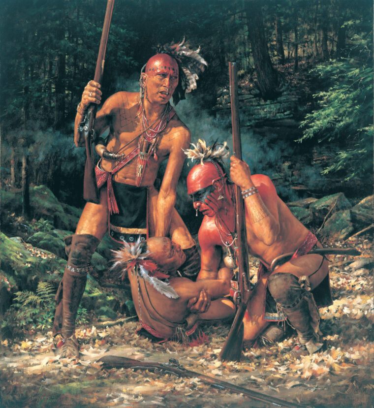 Two Indian warriors help one of their own. During the fight at Point Pleasant on the Ohio River, the Indians stole through the woods and at dawn fell upon their Virginia enemies. 