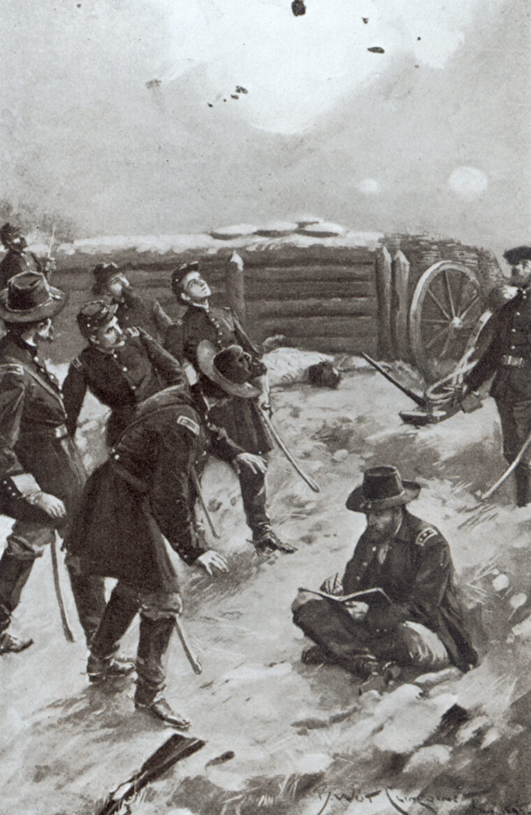 Porter was present at newly captured Ft. Harrison in the fall of 1864 when shell bursts startled everyone except Grant, who calmly continued to write a dispatch. Ft. Harrison had bolstered the Confederate line between Richmond and Petersburg. 