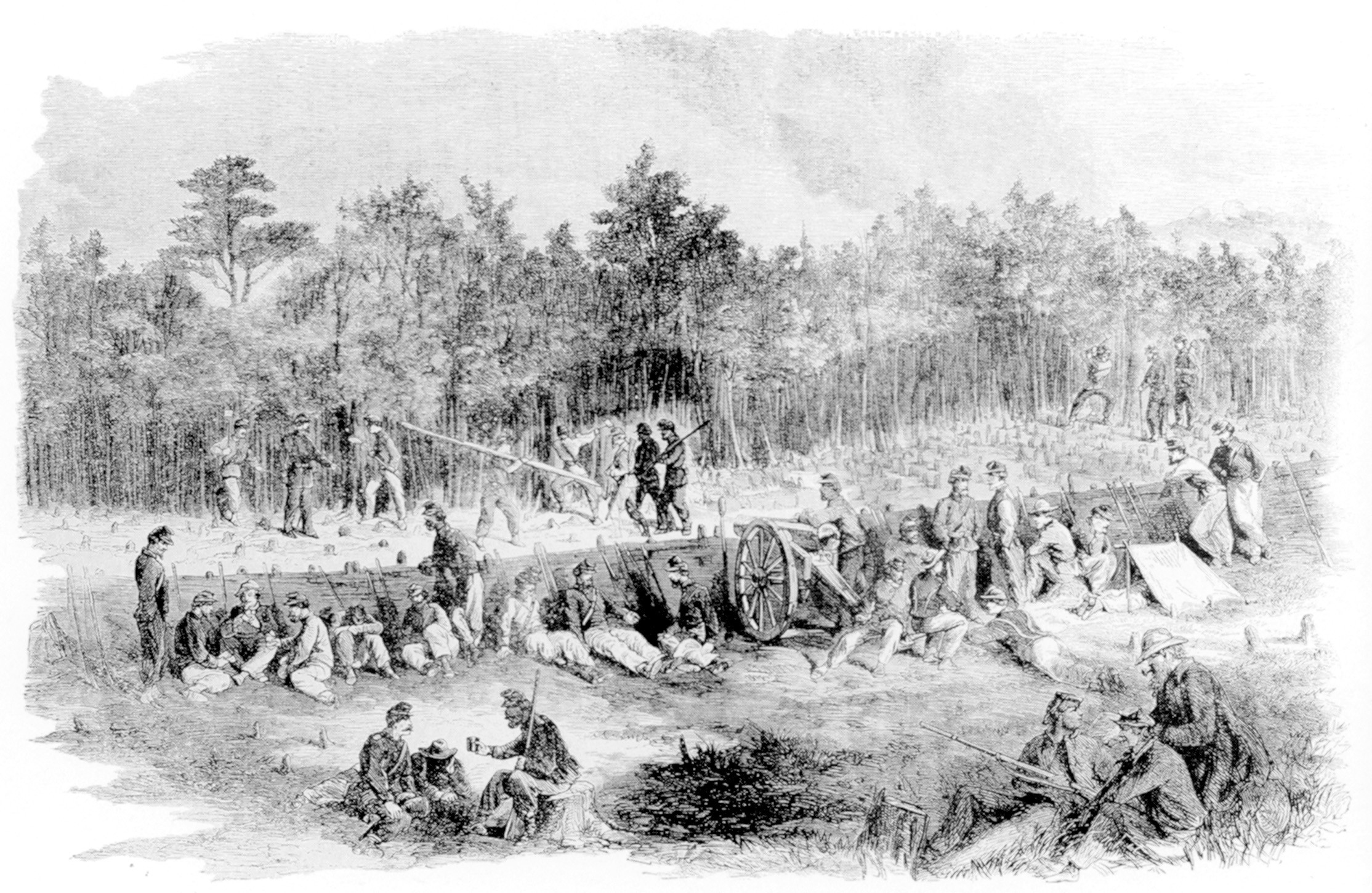 Union men rest behind breastworks in this sketch by 19th-century artist Edwin Forbes of the Battle of the Wilderness in 1864. Porter stuck with Grant throughout this critical campaign that began here in May and worked its way south of Richmond to Petersburg. He not only was in the action, but also had the opportunity to observe Grant closely. Porter was promoted for his meritorious service at the Battle of the Wilderness.