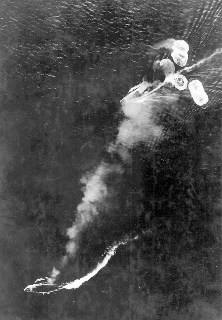 A Japanese aircraft captured the steamings and struggles of the Prince Of Wales and Repulse as they attempted to evade bombs and torpedoes.