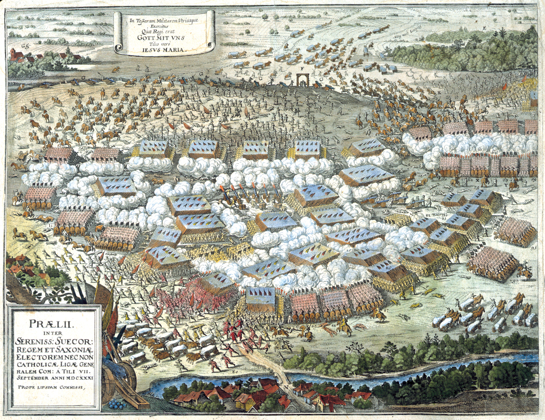 A vision of the Battle of Breitenfeld rendered on copperplate six years after the struggle. Pikes, artillery, and cavalry are all seen in action.