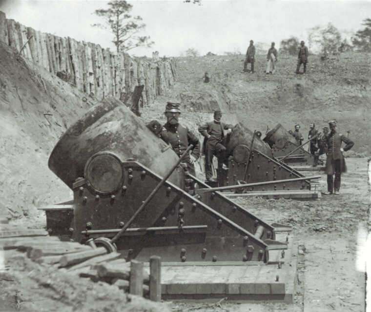 This mortar battery was erected outside Confederate earthworks at Yorktown, Virginia, in 1862. McClellan slowed his advance to bring mortars up. The Southerners then retired toward Richmond.
