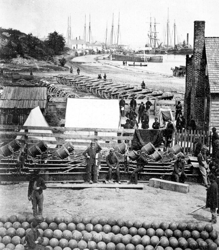 Mortars and other armaments are lined up at the opening of the Peninsular Campaign of 1862, displaying Union Army abundance. Northern factories could produce more such hardware than their Southern counterparts.