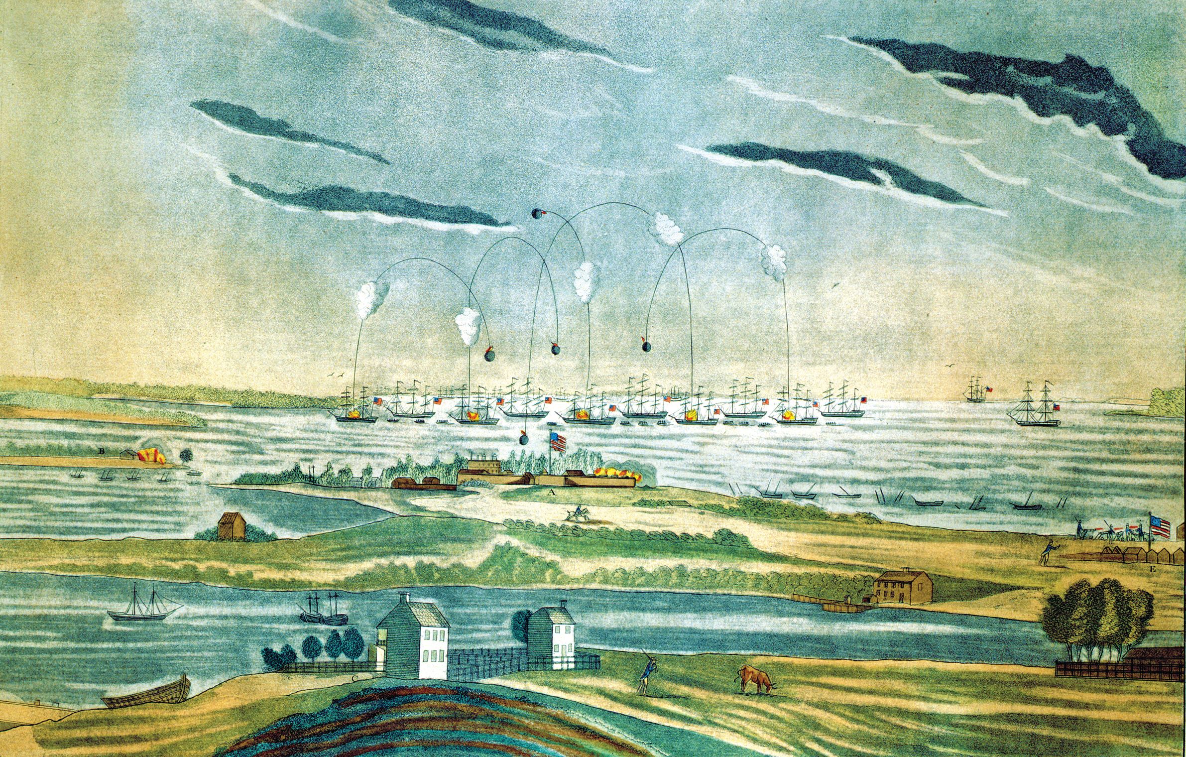 At Fort McHenry in Baltimore, Maryland, during the War of 1812, the British used exploding shells.