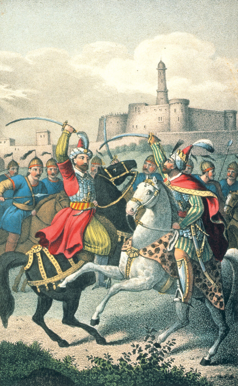 Prince Cyrus (left) attempted to overthrow his brother Artaxerxes II (right), the Great King, by employing 10,000 Greek mercenaries. Cyrus was brutally killed during the battle at Cunaxa.  This rendition was painted centuries after the battle.