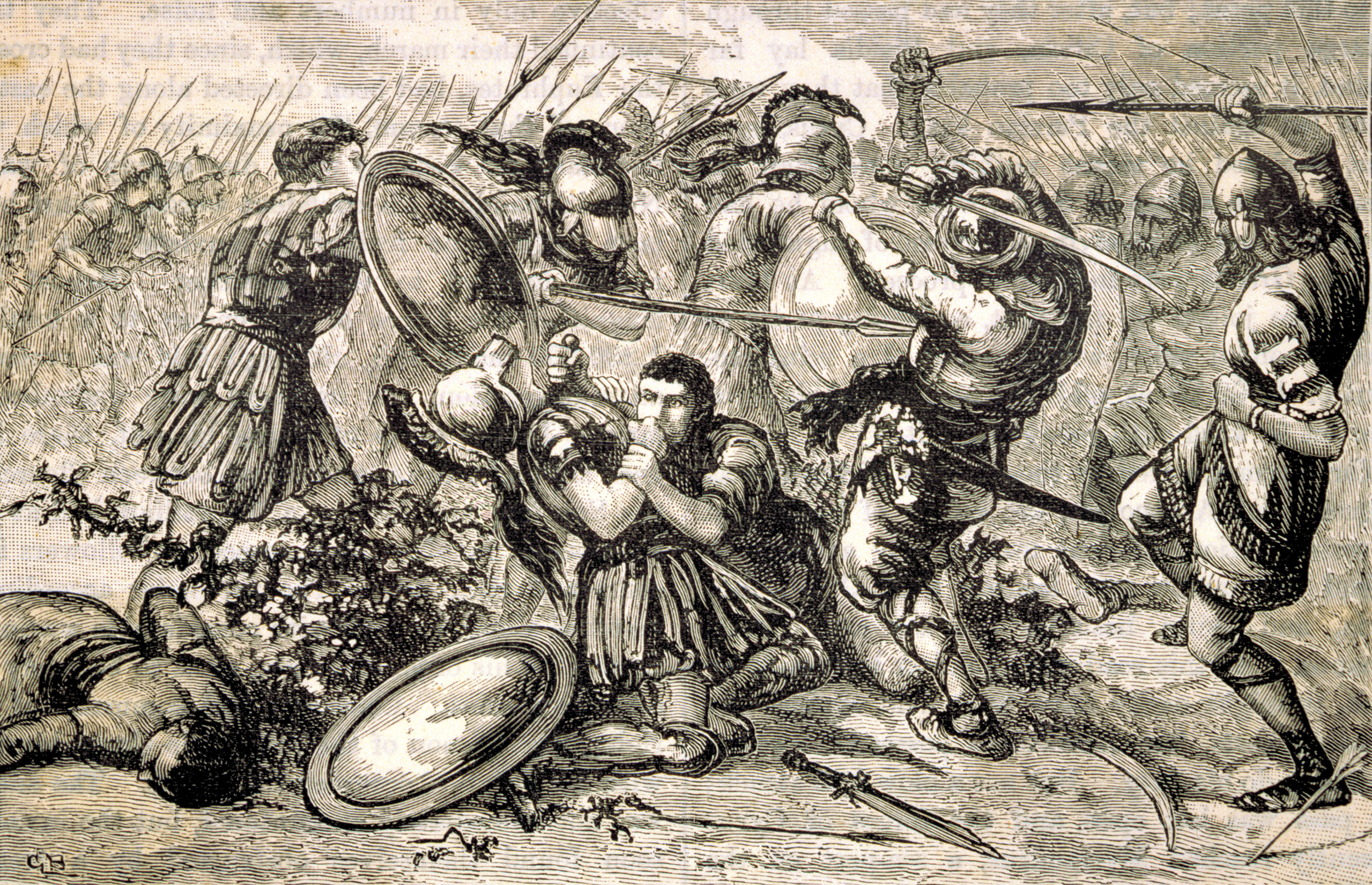The Greeks, bearing hoplons and iron-tipped spears, take on the Persian army at Cunaxa.