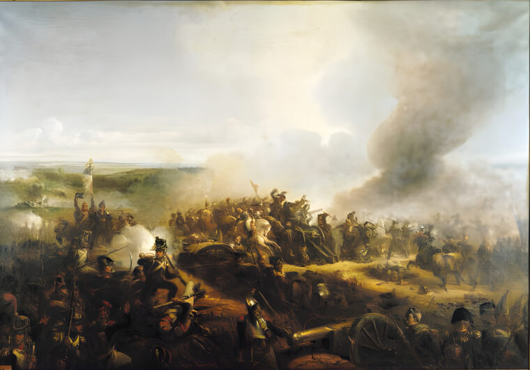 French infantrymen fight hand to hand with Russian gunners while General Caulaincourt is mortally wounded leading his cuirassiers into the fray.