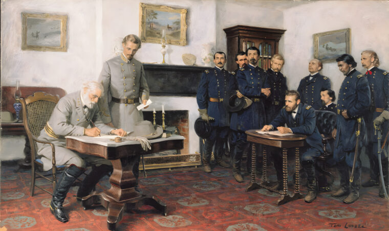 In what is considered an accurate depiction by artist Tom Lovell of the surrender of the Army of Northern Virginia at Appomattox, Virginia, Horace Porter stands immediately to General Grant’s right.