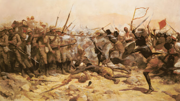 Sudanese warriors charge a British relief contingent formed into an infantry square in this painting of the Battle of Abu Klea by William Barnes-Wollen.