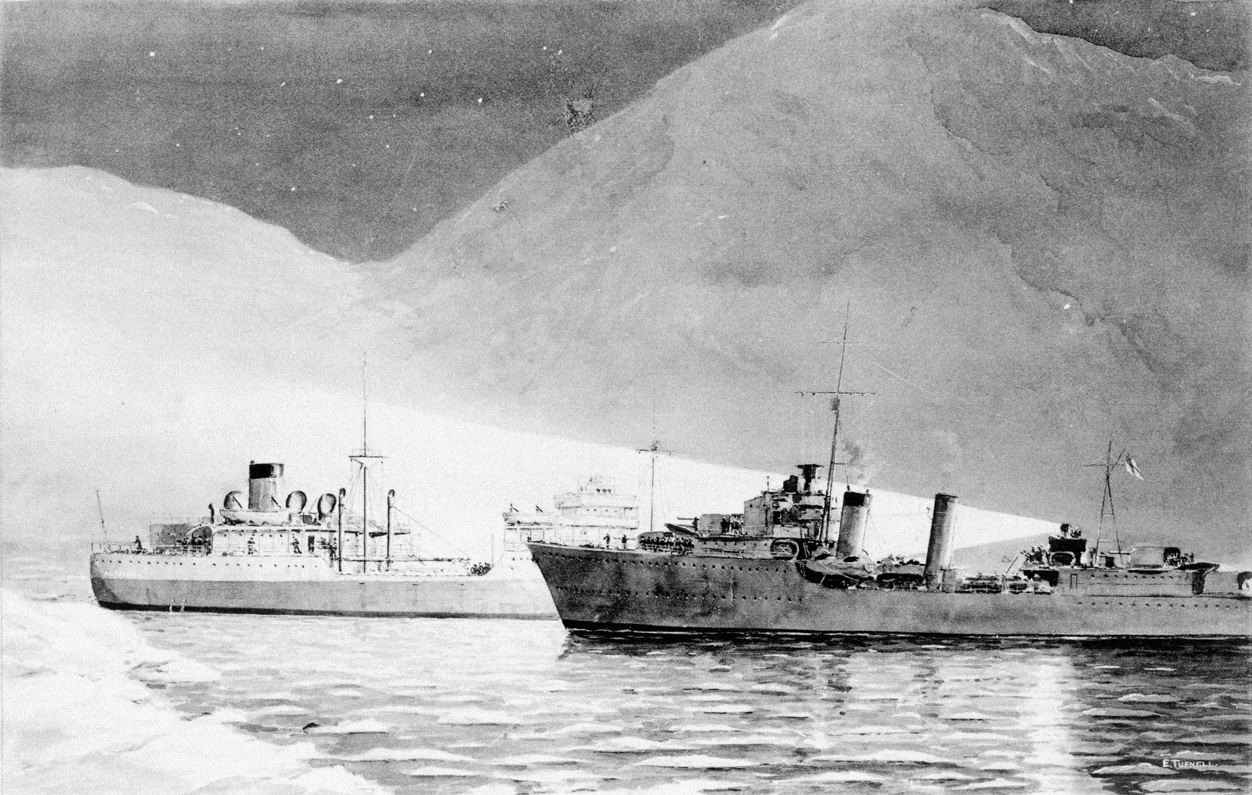 HMS Cossack (front) approaches the German freighter Altmark, whose holds are filled with captured British merchant seamen. In a short, sharp clash, 299 prisoners were freed by the crew of the Royal Navy destroyer. 