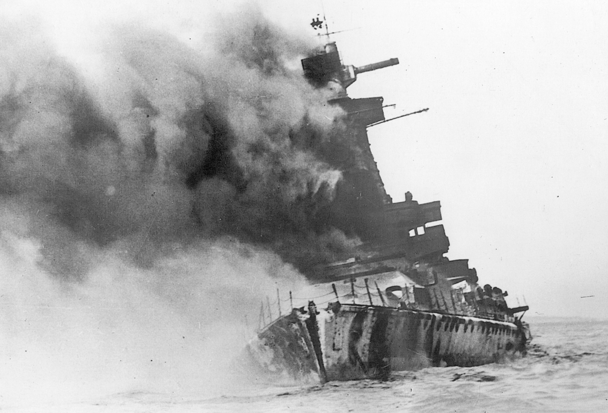 British shellfire caused a huge tear in the bows of the Graf Spee, and she was eventually scuttled to prevent her capture.