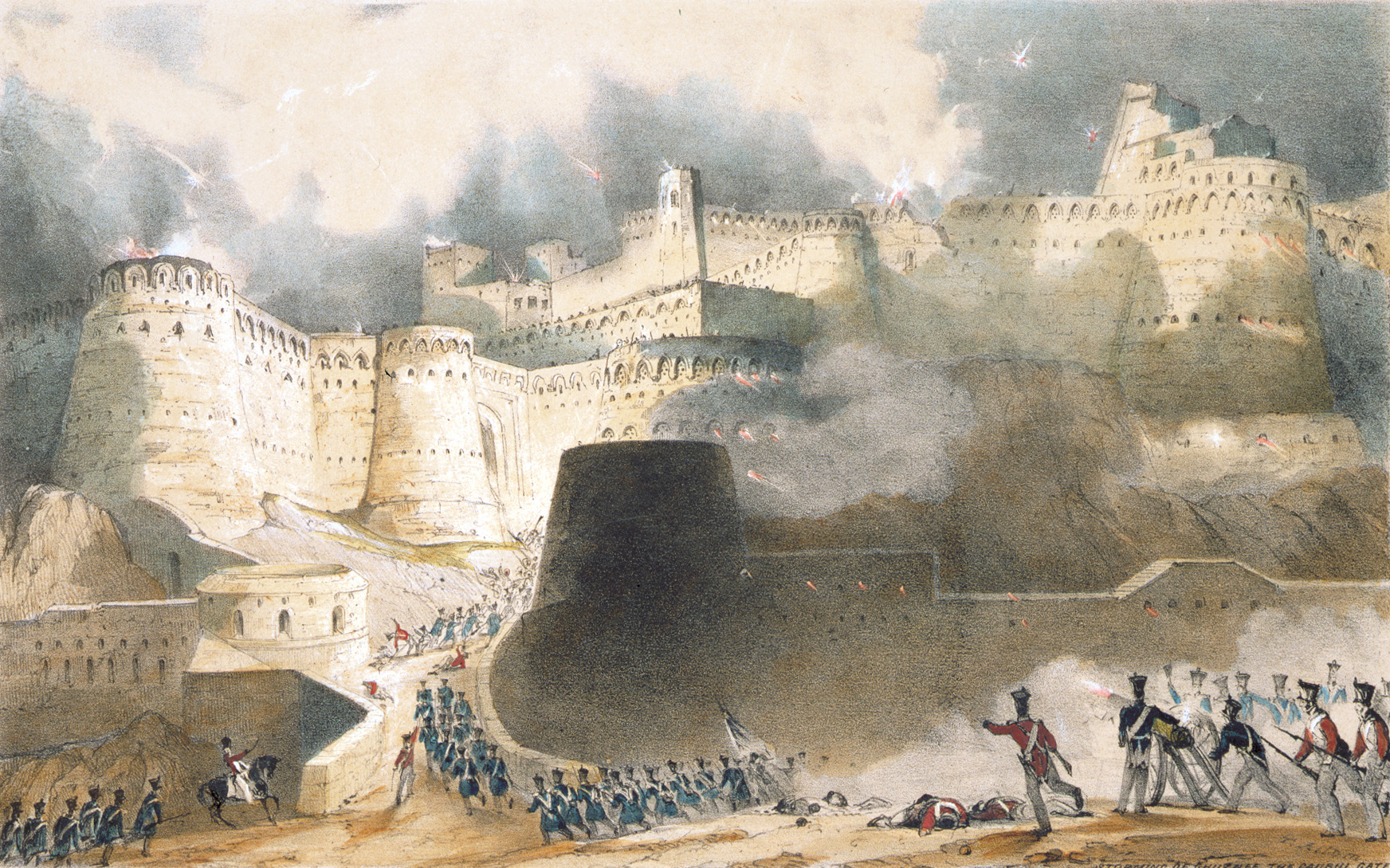In another depiction, British and Indian troops storm Ghazni, an immense and foreboding fortress built upon a mountaintop. Feints helped the attackers place explosives at a key gate. 