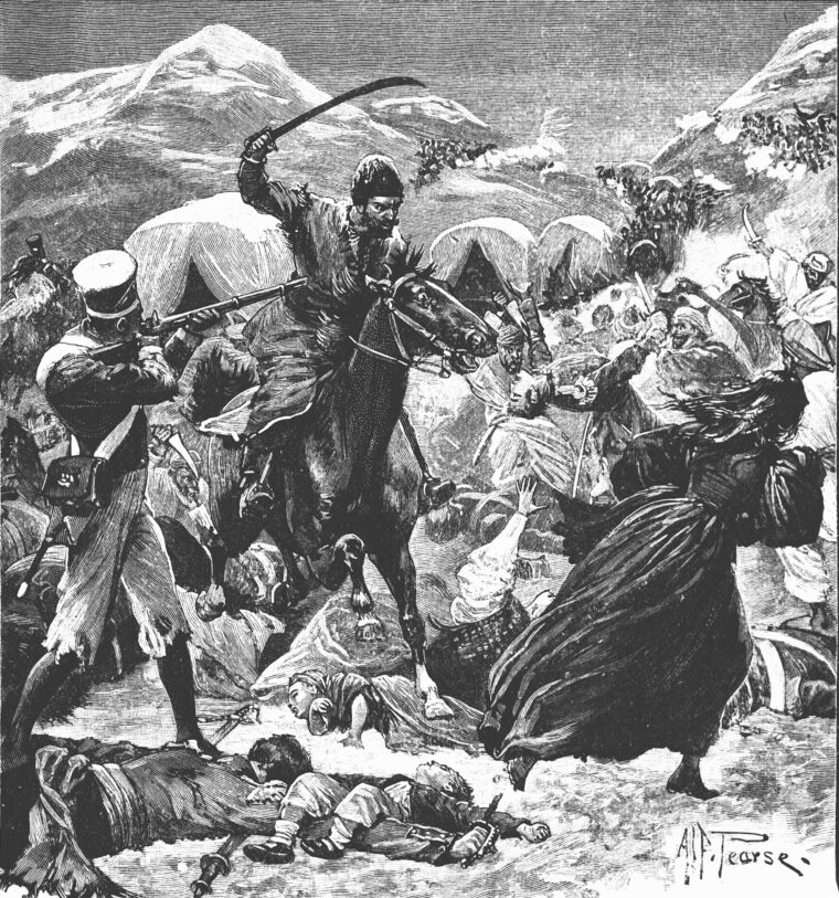 A native horseman charges a woman during the British retreat. The civilians suffered as much as the soldiers.