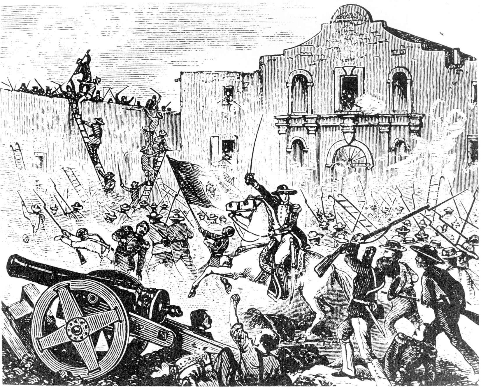 A fanciful picture shows Santa Anna on a white charger leading troops in the assault. In fact, the Mexican general was removed from the action and behind earthworks.