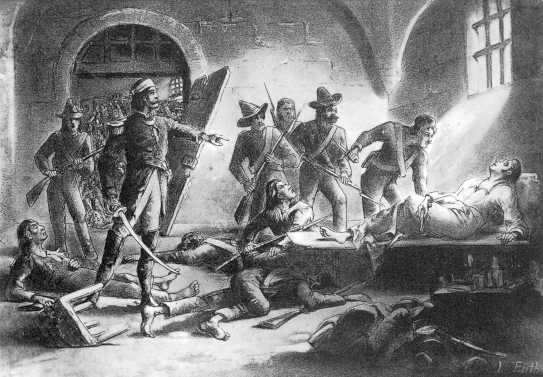 As the battle was ending, Jim Bowie was shot and bayoneted on his sickbed.