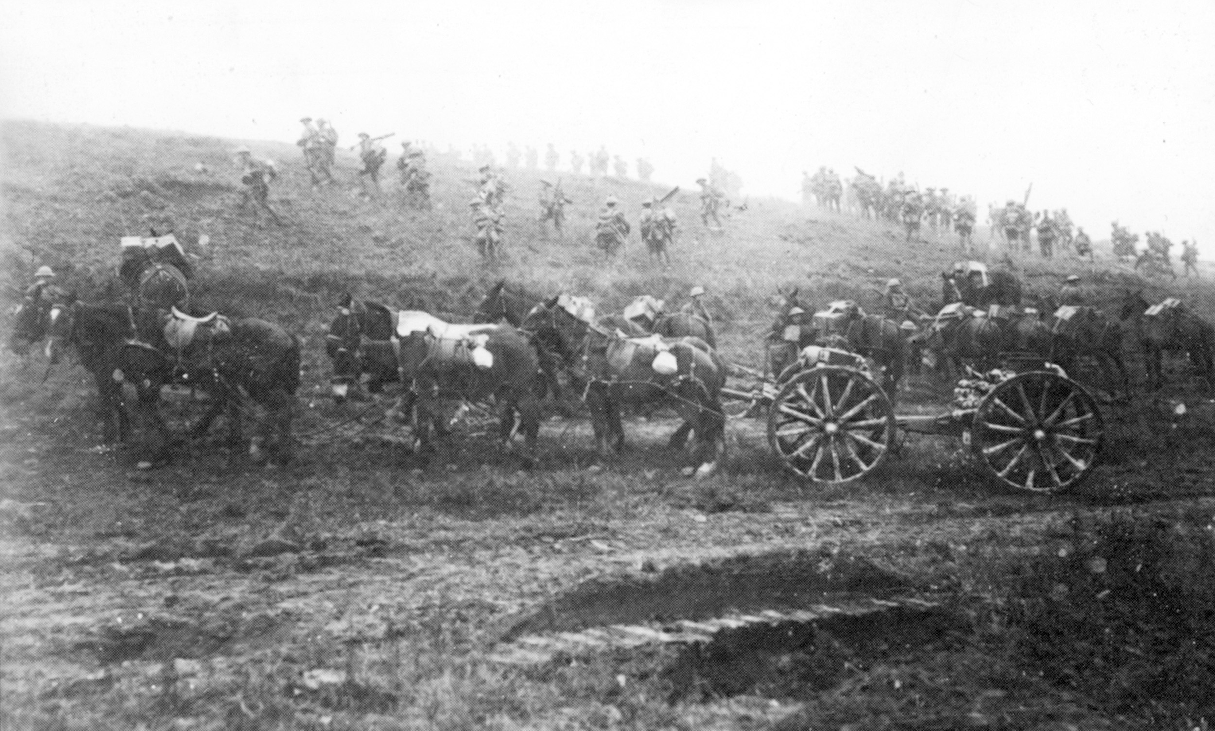 British troops advance up a hill; they often outdistanced their field artillery.