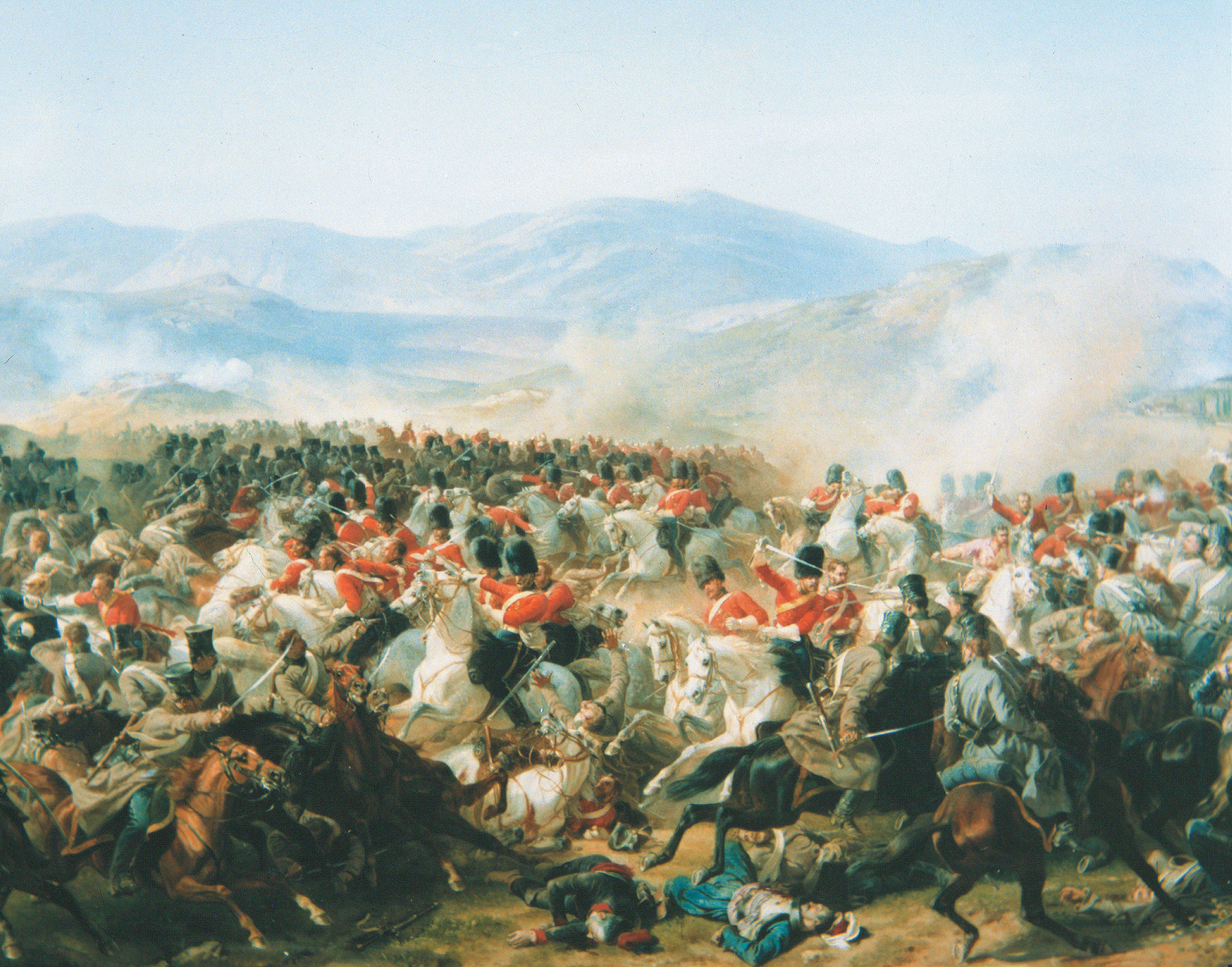 Riders of the British Heavy Squadron smash into the superior numbers of Russian cavalry bearing down on British defenses of Kadikoi and Balaklava. Their commander, General James Scarlett, led the charge, at one time out front by 50 yards.  