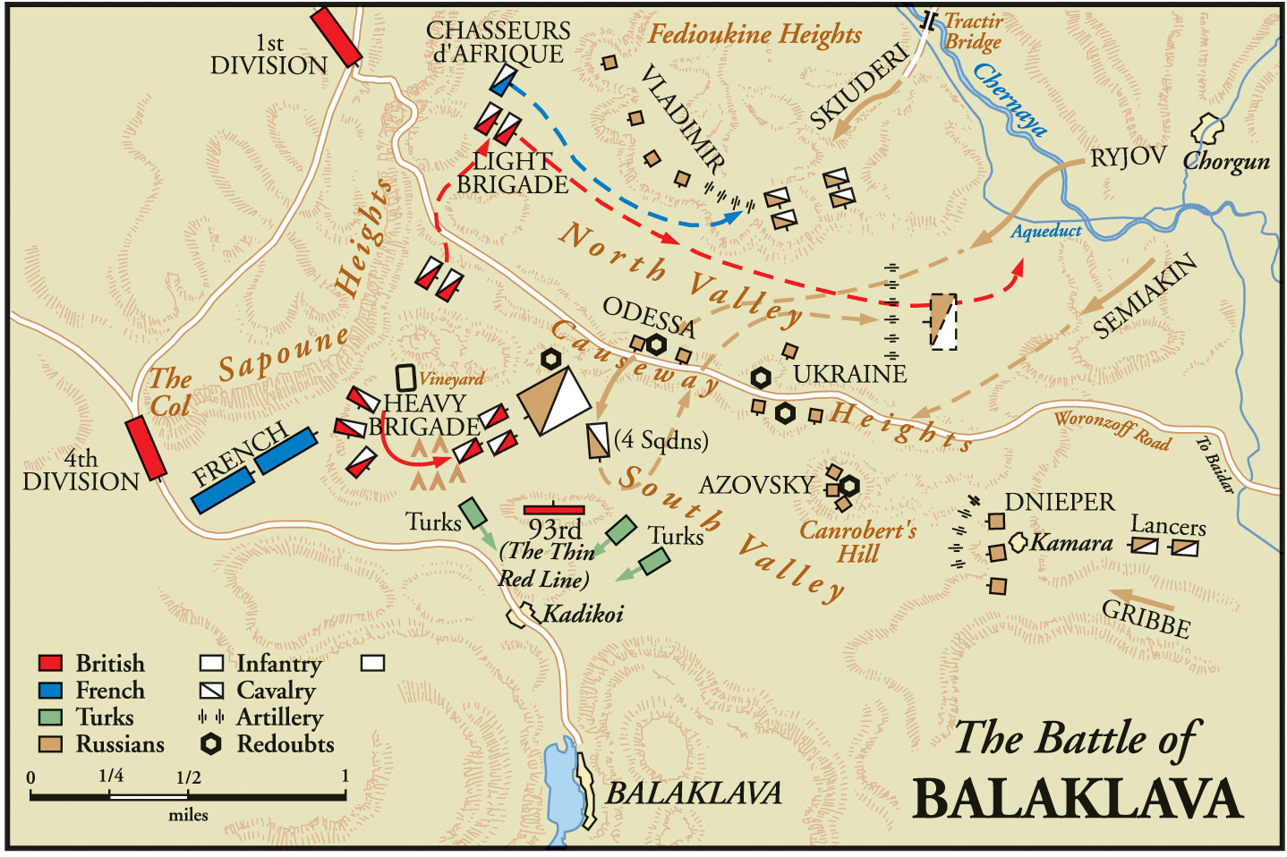 Once the Russians had advanced on the Causeway Heights, their cavalry charged the 93rd Regiment, only to be repulsed. Then the Heavy Brigade and the Light Brigade were ordered to counterattack.