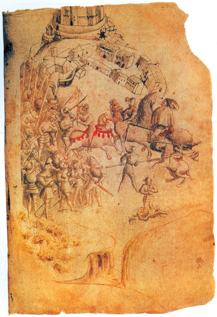 A 15th-century sketch of the beginning of the battle showing Robert about to slay Henry de Bohun. Stirling Castle is in the background.