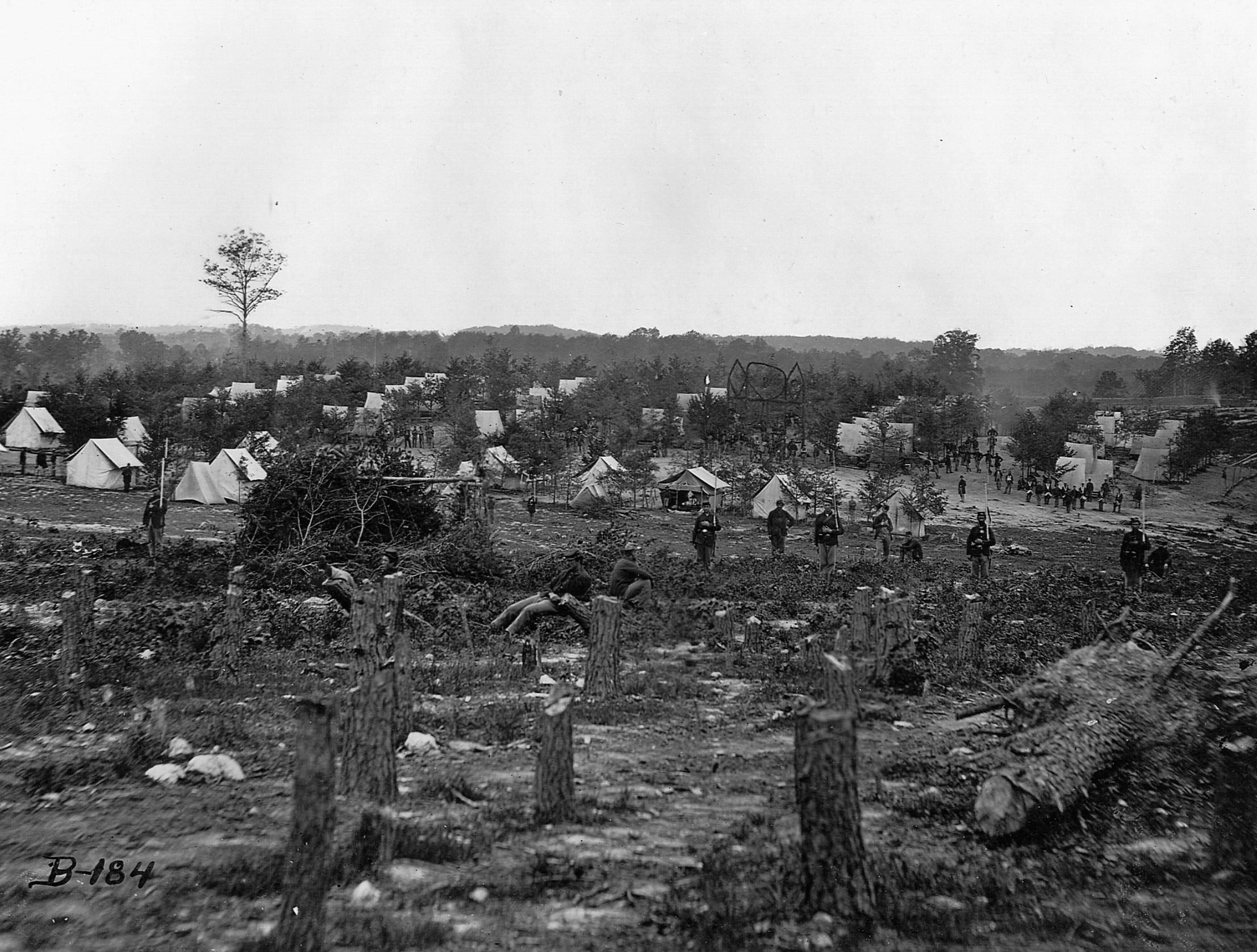 The forests of northern Virginia did not stand a chance against the need of soldiers to build shelters and keep fires burning. Sentries stand guard in front of rows of tents. The “B” hanging on the laurelled structure in the center of the photo designates the area as Company B’s camp.