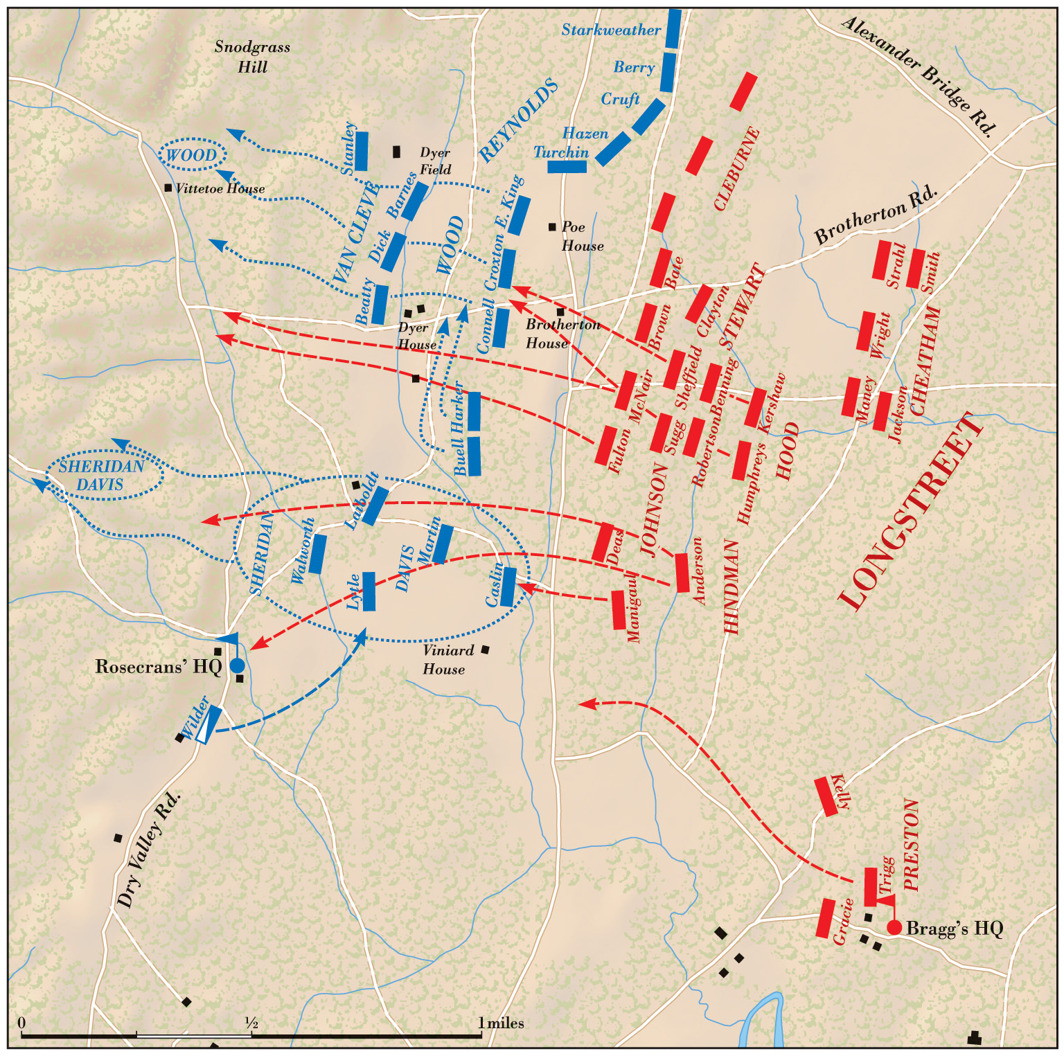 Longstreet’s advance went through the center of the Union line, sending units back in confused retreat. 