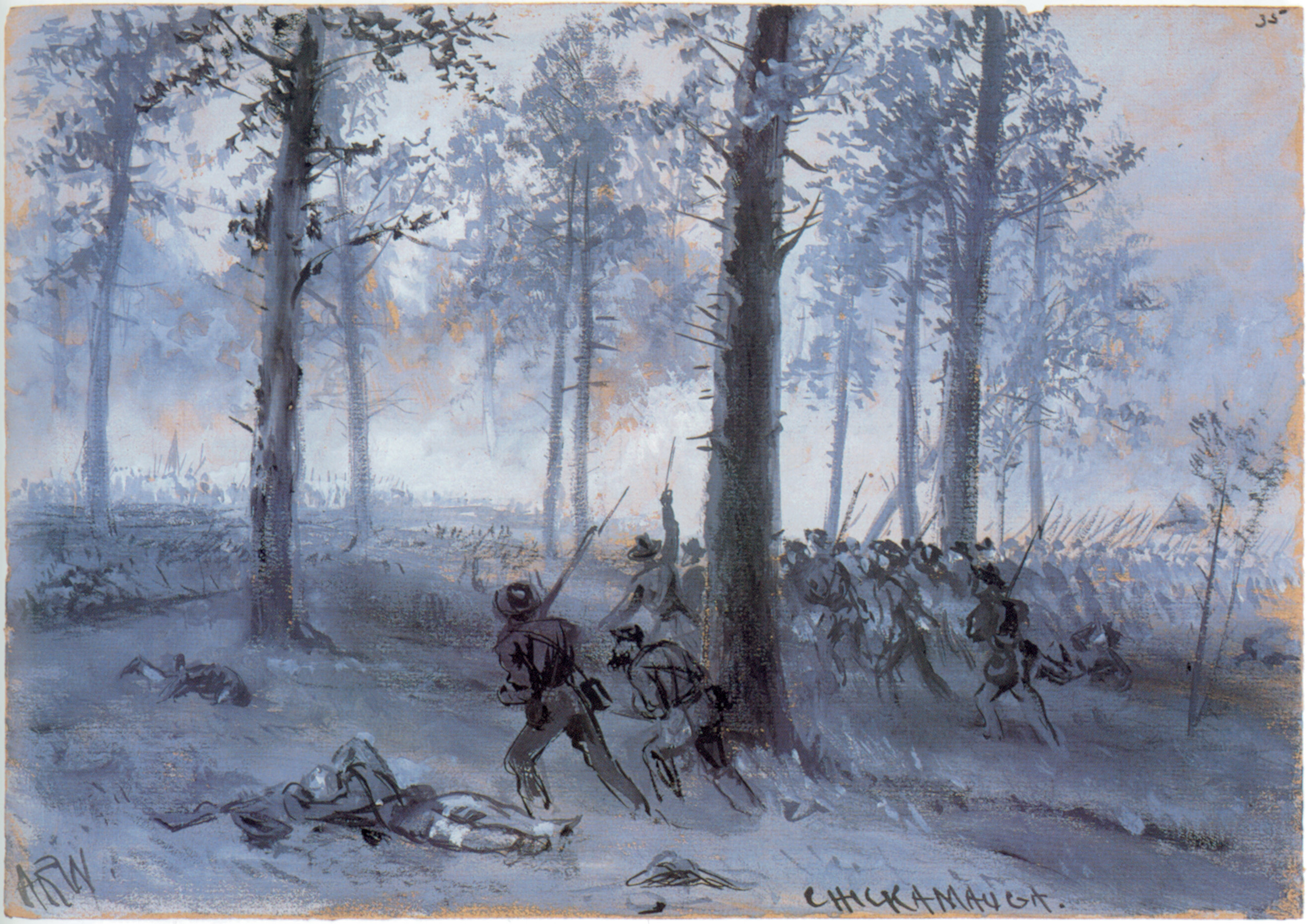 Confederates advance against Union positions. The fighting was in thick woods and stark clearings. 