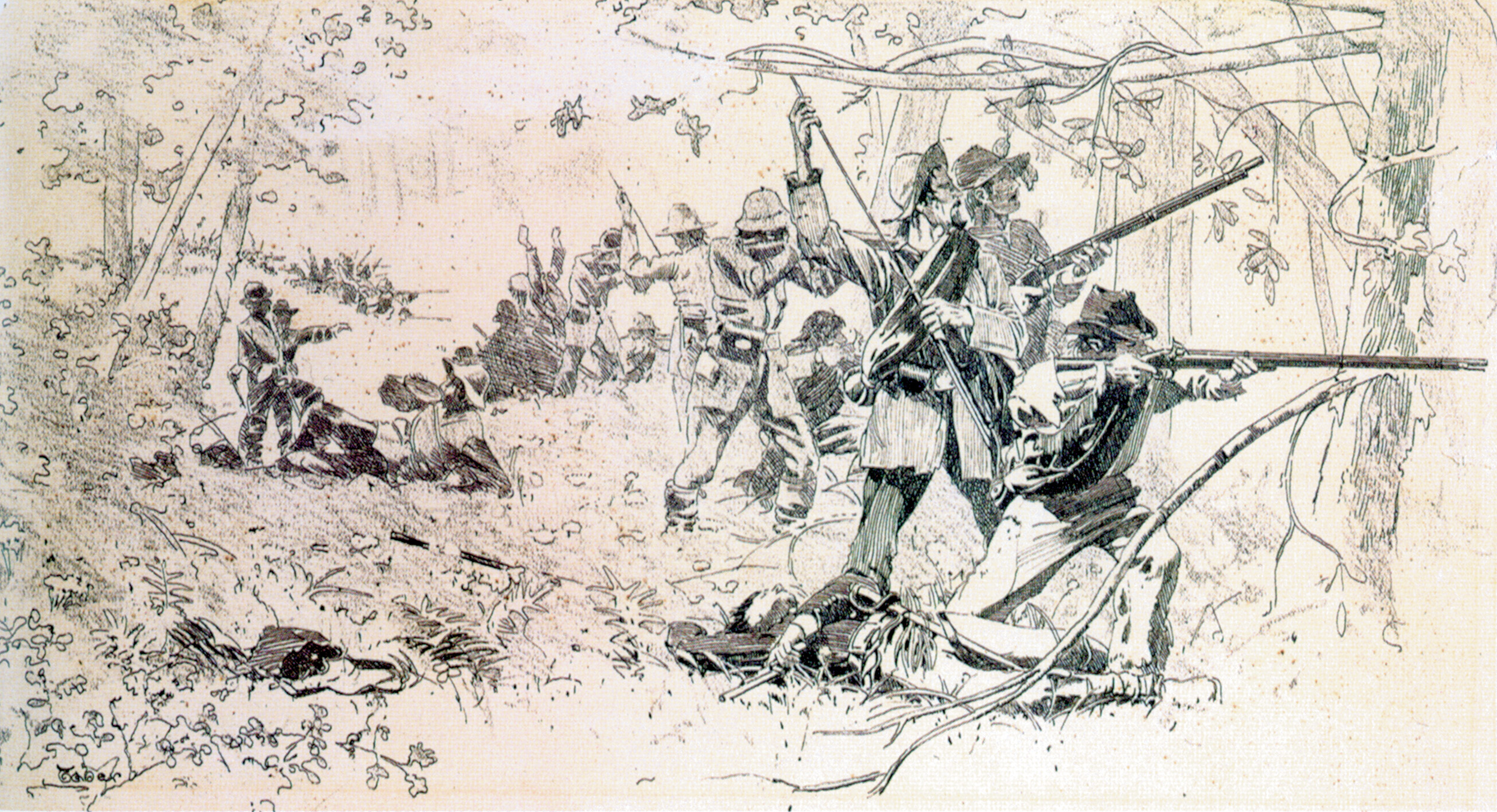 Rebels fire in the thick woods. Much of the fighting was disjointed on account of the terrain. 