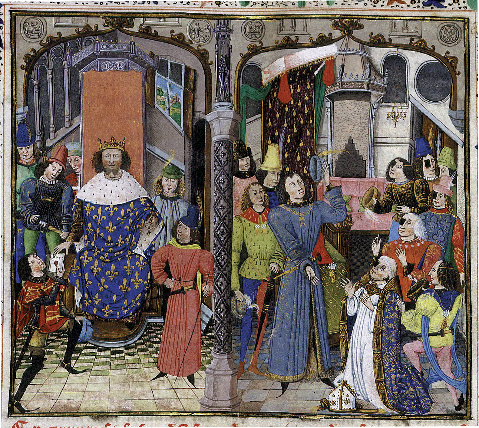 King Philip of France sits at the left, while Edward III of England is presented a challenge on the right.