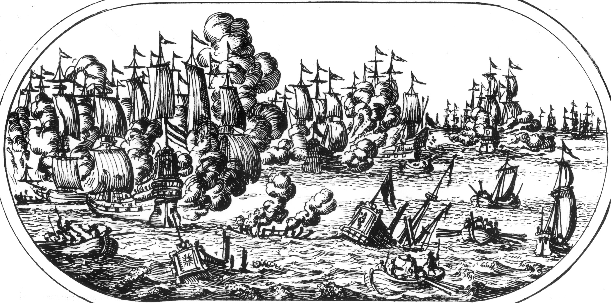 Smoke billows from Dutch and Spanish guns as the fleets collide. The Spanish flagship alone suffered 1,500 shots.