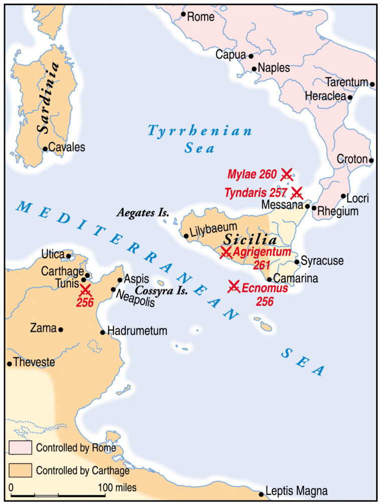 Sicily was destined to be a battleground between Rome and Carthage. Moreover, the passage between Sicily and Carthage was important to east-west commerce. 