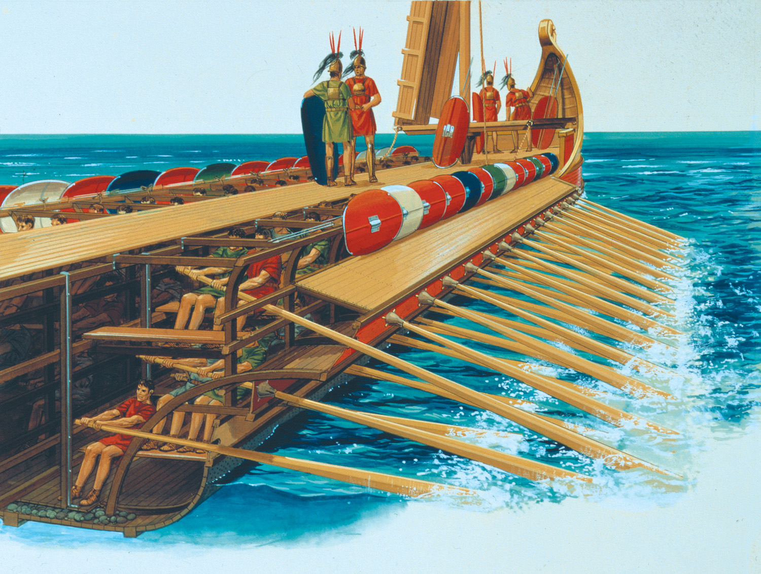 In a Roman quinquereme, five oarsmen man three oars on three levels. Smaller and larger variations of the oared galley abounded, but the arrangement shown here enjoyed a certain efficiency. 