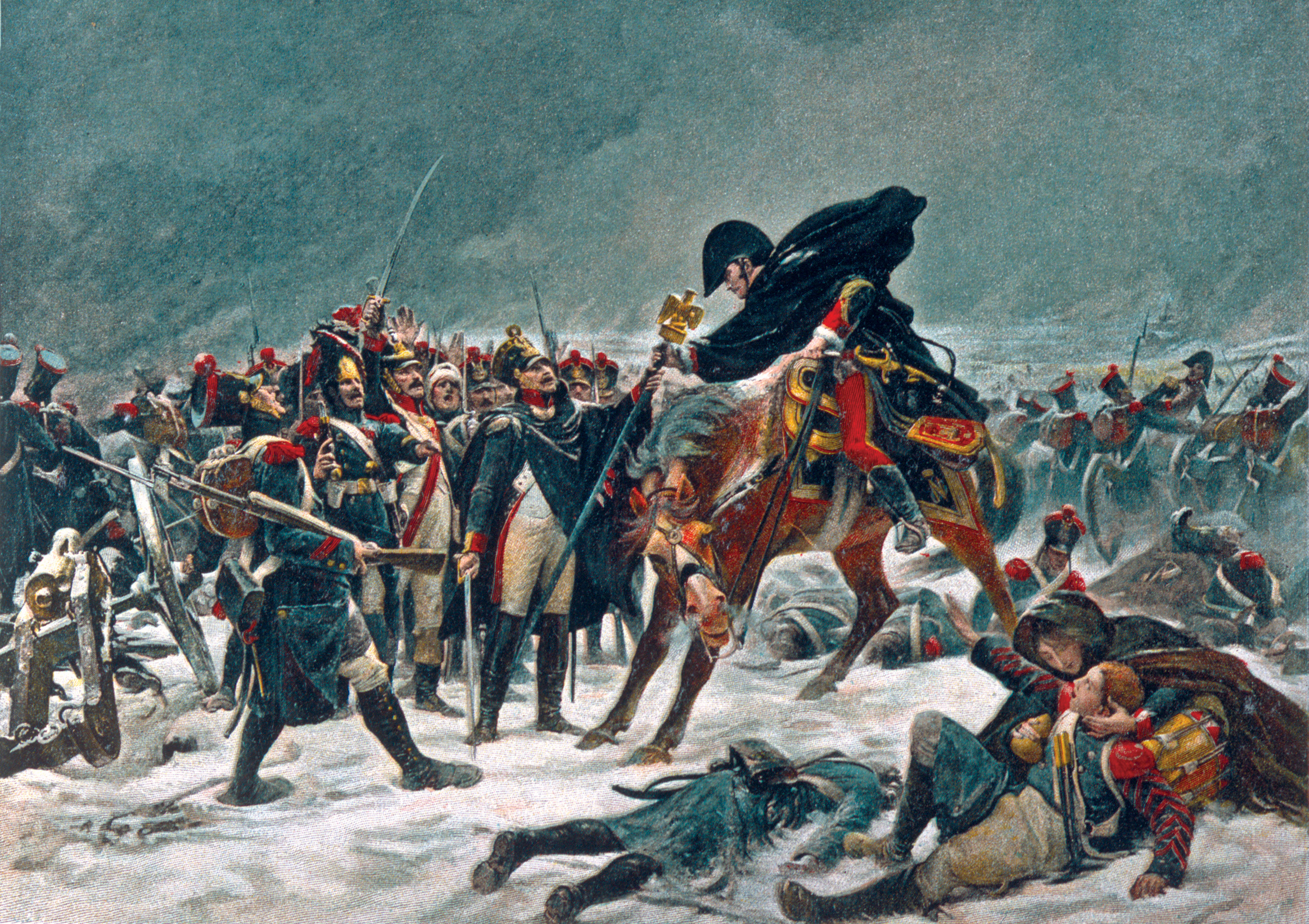 A major, then commanding the doomed 14th of the Line, hands its honored eagle to Jean de Marbot with hopes that Marbot can return it to Emperor Napoleon. 