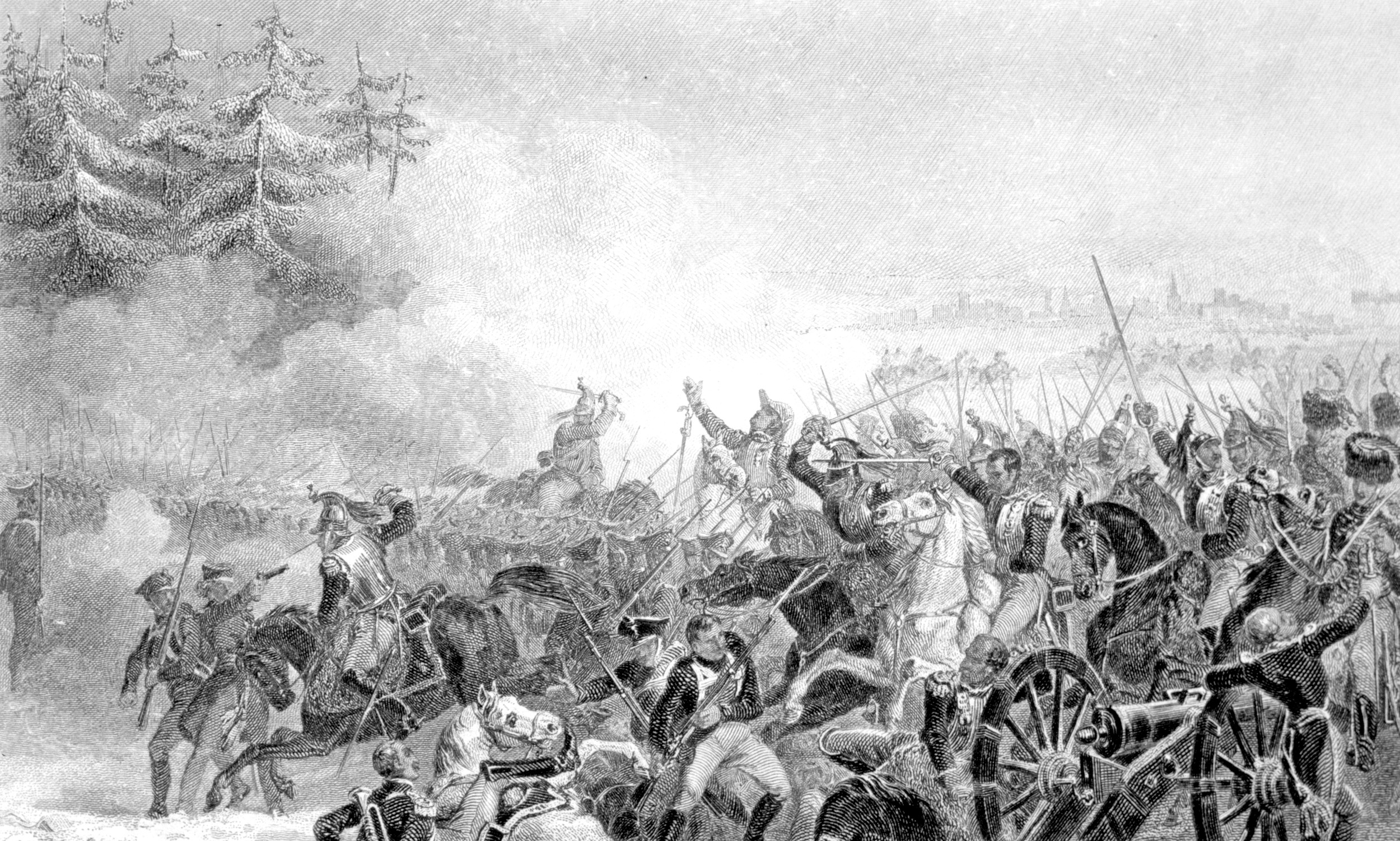 French cuirassiers bear down on Russian infantry at the height of the battle, turning back an advance that might have wrecked the French line. 