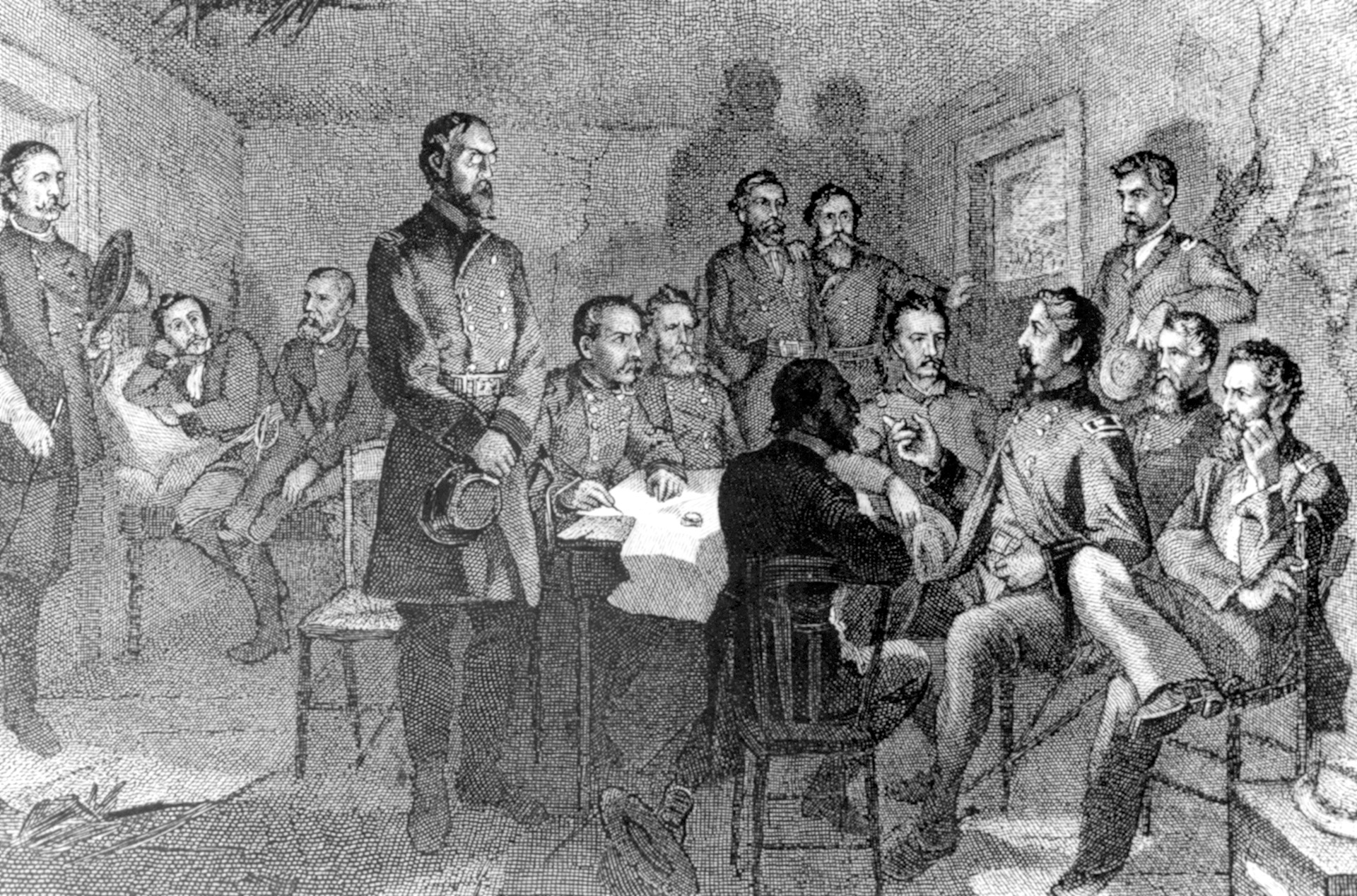 After the second day, General Meade called his subordinates to a farmhouse behind Cemetery Ridge for a conference. Hancock (shown here responding to the standing Meade) concurred that the army should not retreat, but said that neither could it remain idle for very long. 